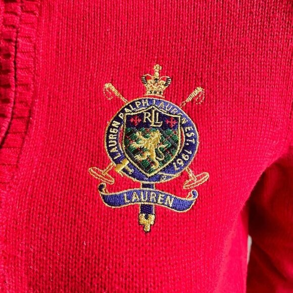 Lauren Ralph Lauren Petite Red Cotton Mock  Neck Crest Detail Pullover S - Picture 4 of 8